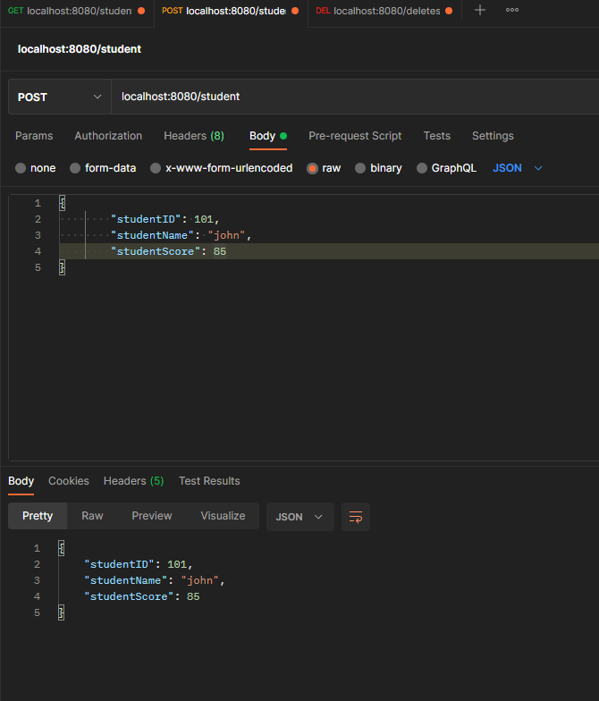 Response from Postman after adding a new student