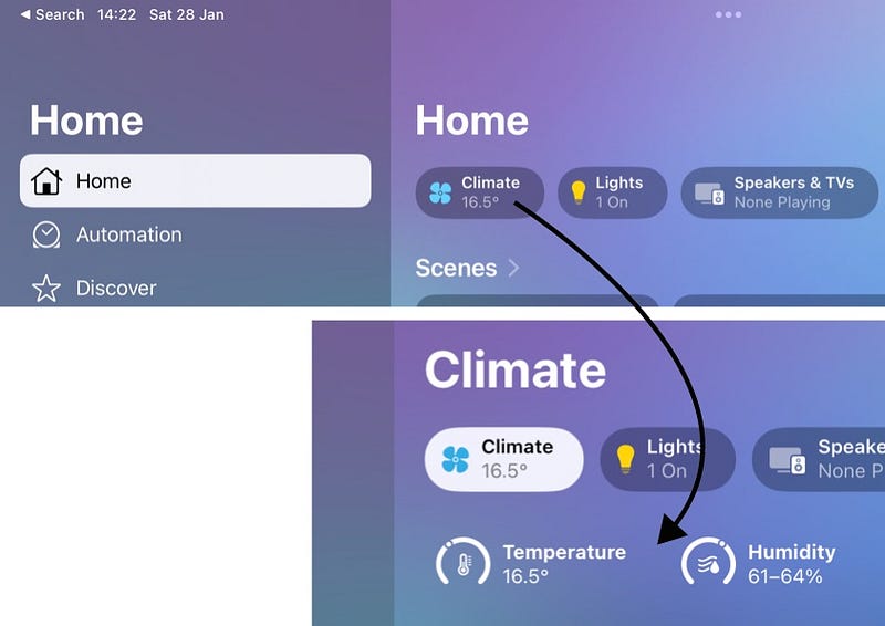 Screenshot of Home app displaying climate data