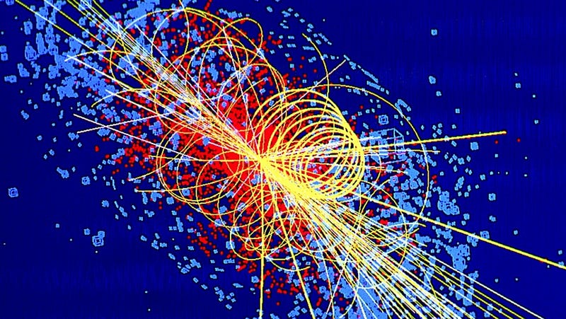 Computer simulation showing particle traces from LHC collisions