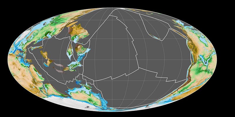 Historical map illustrating the Panthalassa Ocean