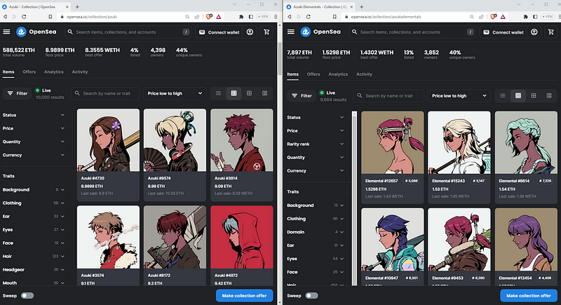 Comparison of Azuki and Elementals NFTs