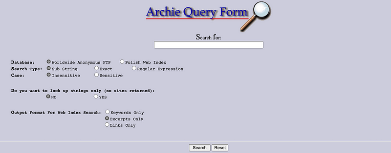 Screenshot of Archie, the first search engine