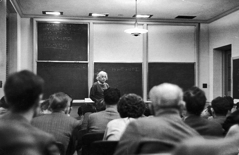 Einstein delivering a lecture at the Institute for Advanced Study