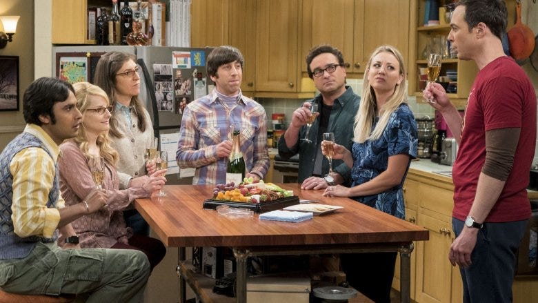 The cast of The Big Bang Theory enjoying a humorous moment