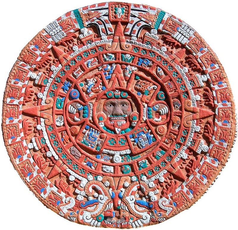 A colorized representation of the Aztec Calendar, also known as the “Aztec Sun Stone”