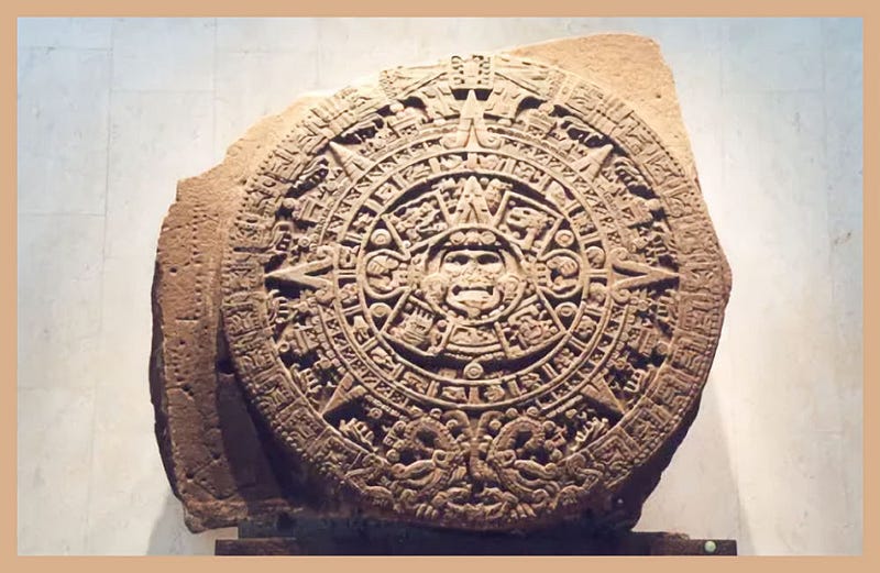 The Aztec sun stone, a massive carved basalt disc.