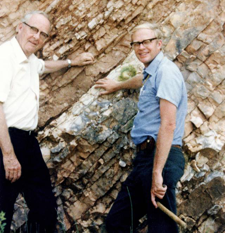 Luis and Walter Alvarez examining the limestone near Gubbio