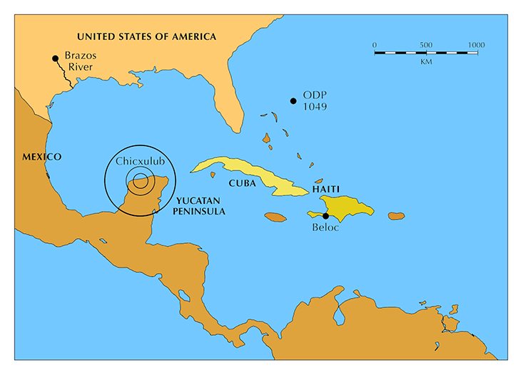 Locations of impact evidence sites, including the Chicxulub crater