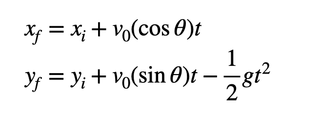 Kinematic equations for projectile motion